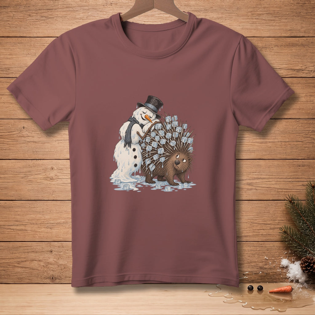 Snowman wearing top hat rests on porcupine with ice cubes on quills.