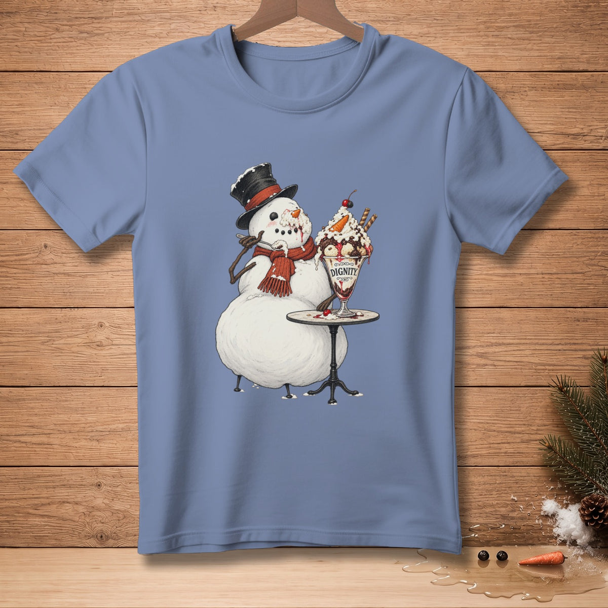 Snowman wearing a top hat and scarf eating a sundae with the word "Dignity" on the glass.