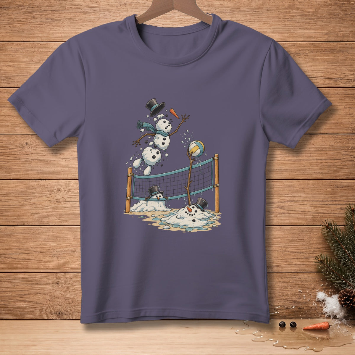 Snowmen playing volleyball with a net and water splashes.