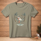 Snowman in hammock with tropical drink and "NO REGRETS" text.
