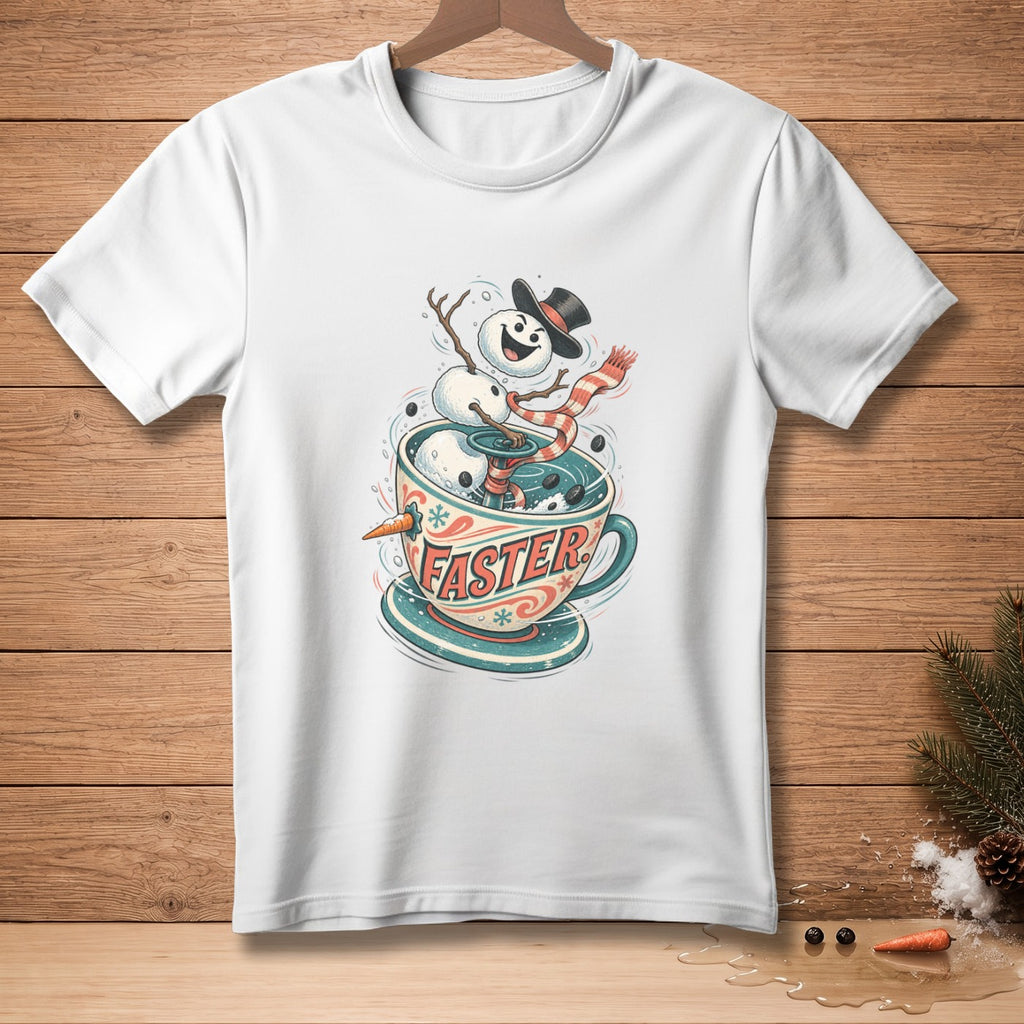 White t-shirt with a graphic of a snowman in a coffee cup, text reads "FASTER".