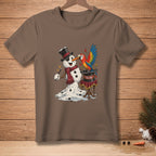 Snowman magician with a parrot appearing from a hat, text "TA-DA".