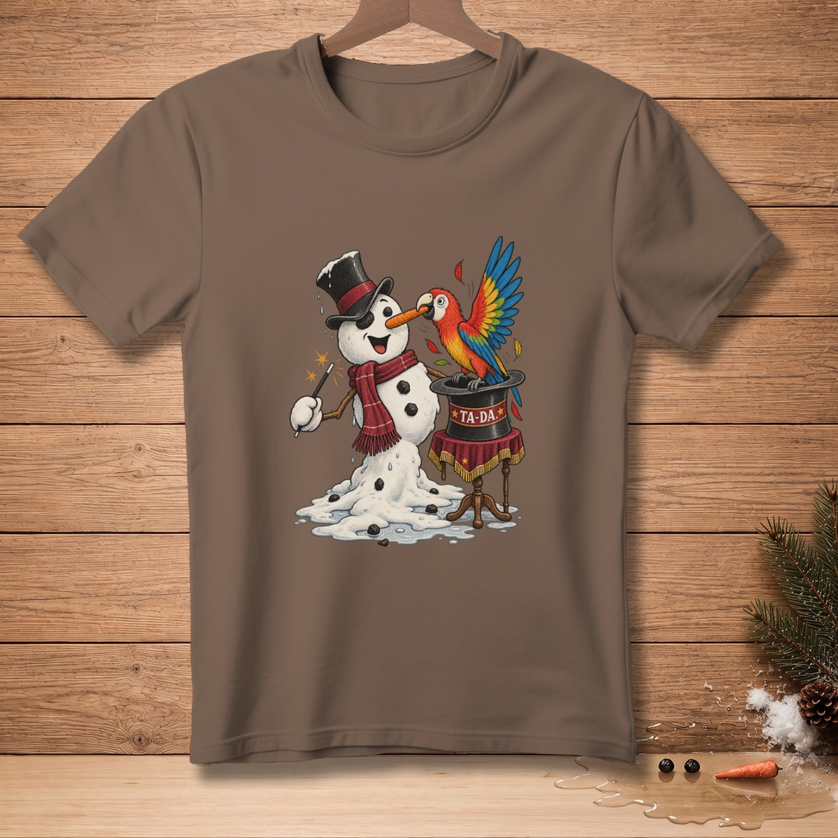 Snowman magician with a parrot appearing from a hat, text "TA-DA".