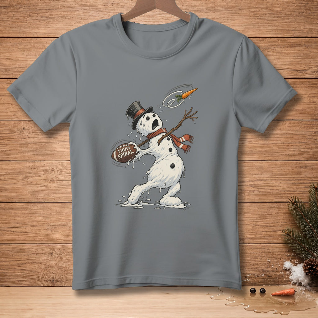 Melting snowman wearing a top hat and scarf throws a football with text.