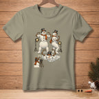 T-shirt graphic: two muscular snowmen posing, melting snowman, and a snowman taking photos.