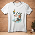 White t-shirt with melting snowman in beach chair holding beer that says "Protect What Matters".