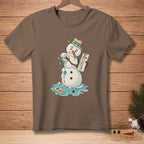 Melting snowman in a straw hat, holding a sign that says "Wait 10 seconds".