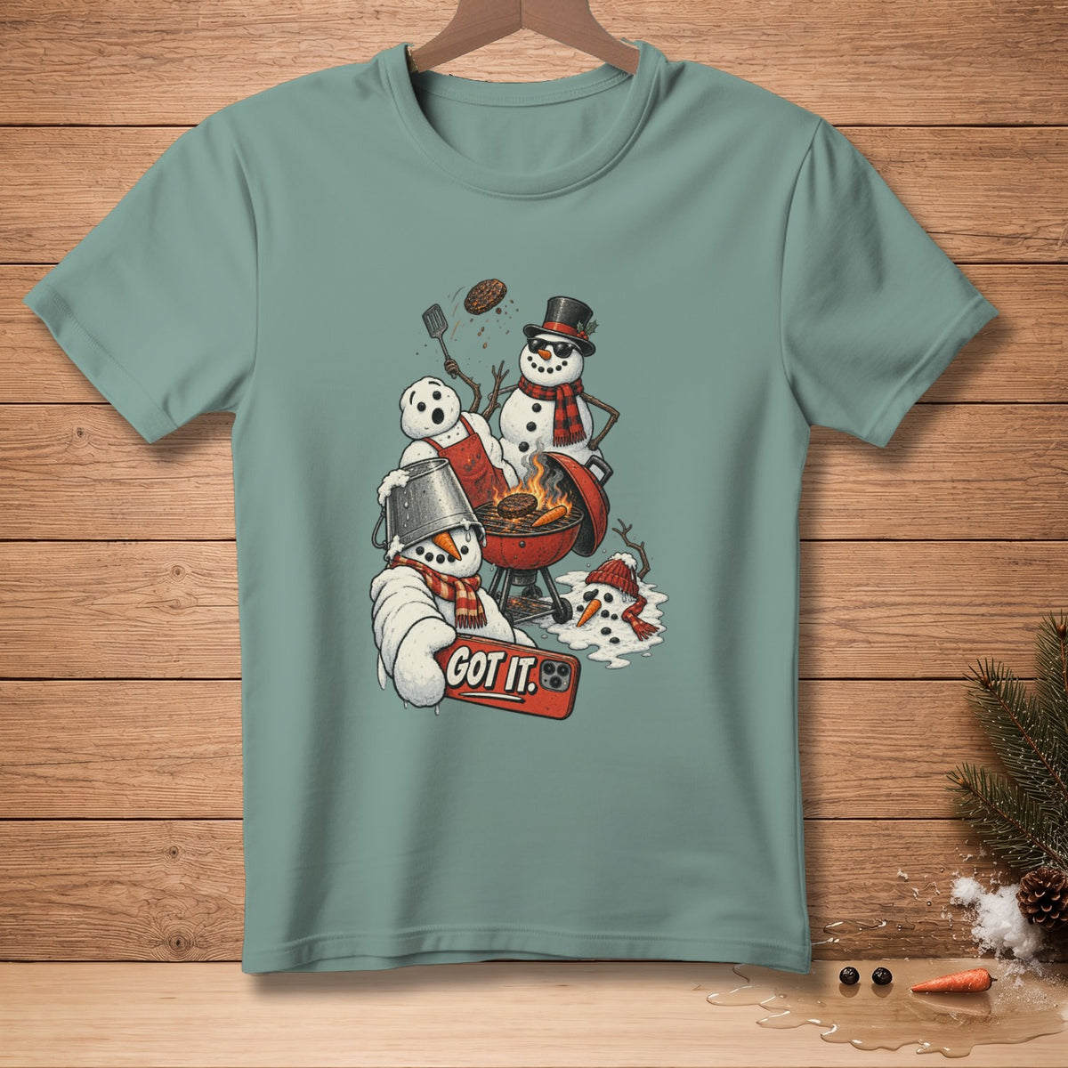 Snowmen grilling with a burger flipping and a snowman taking a selfie with "GOT IT." text.