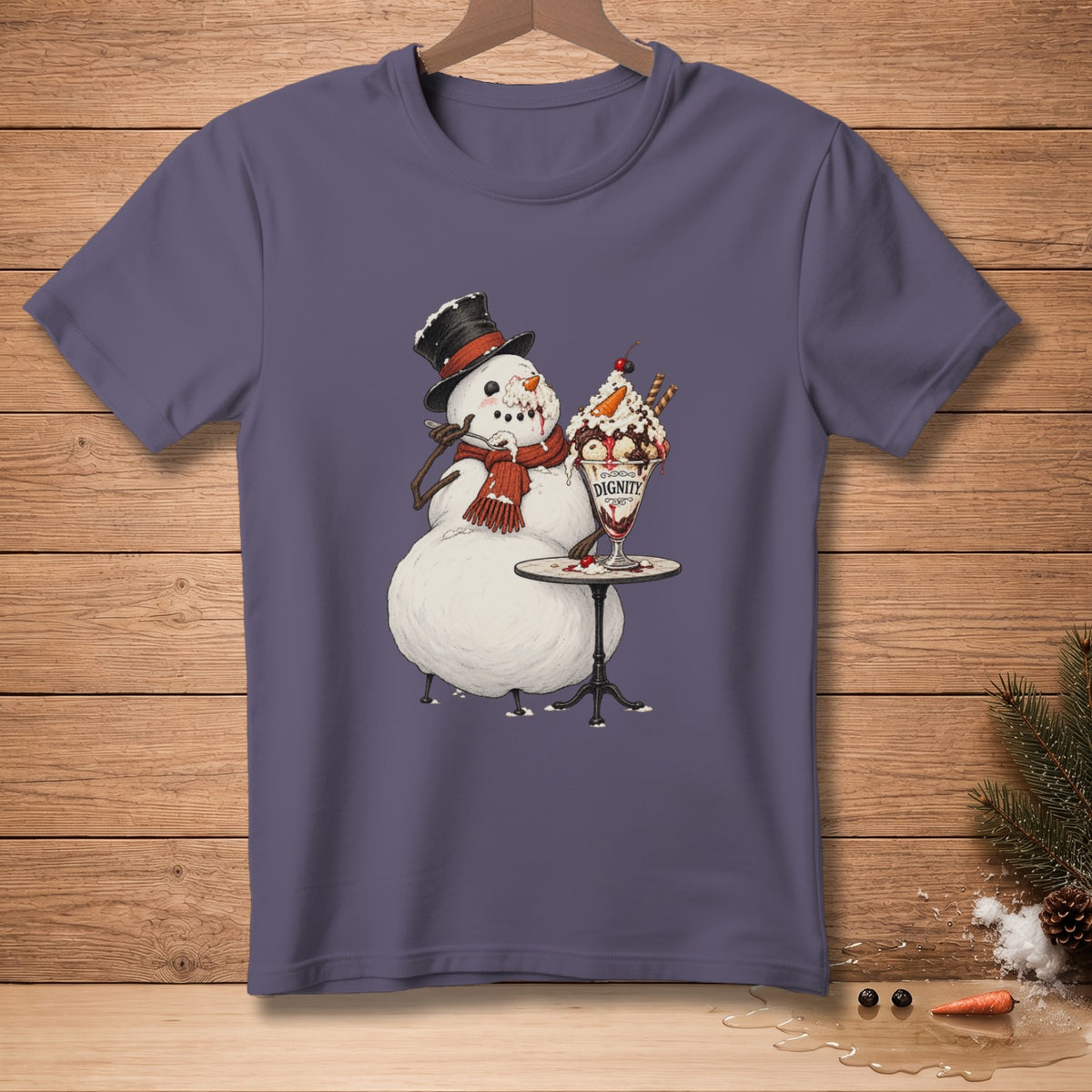 Snowman in top hat eating ice cream sundae with text "DIGNITY" on glass.