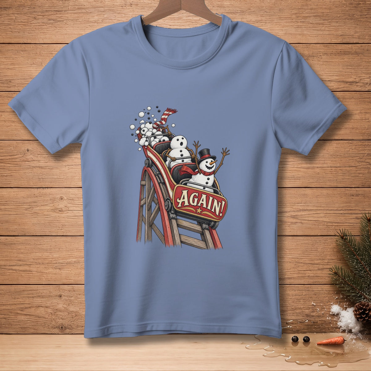 Snowmen on a roller coaster with the word "AGAIN!" on the cart.