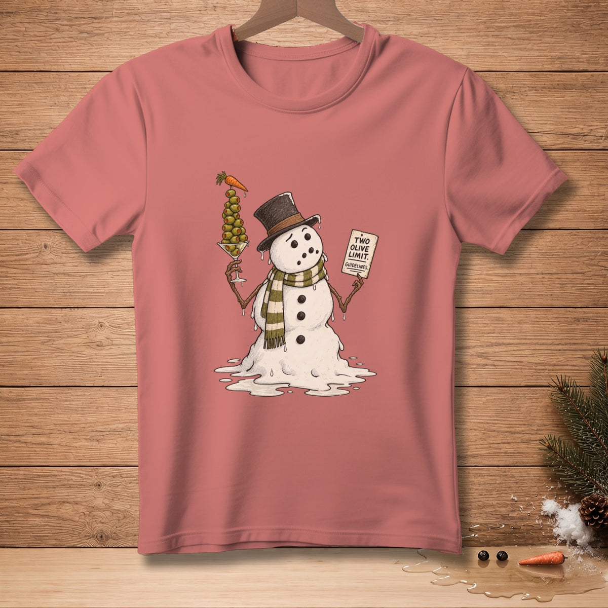 Melting snowman in top hat holding martini glass with olives, and a sign.