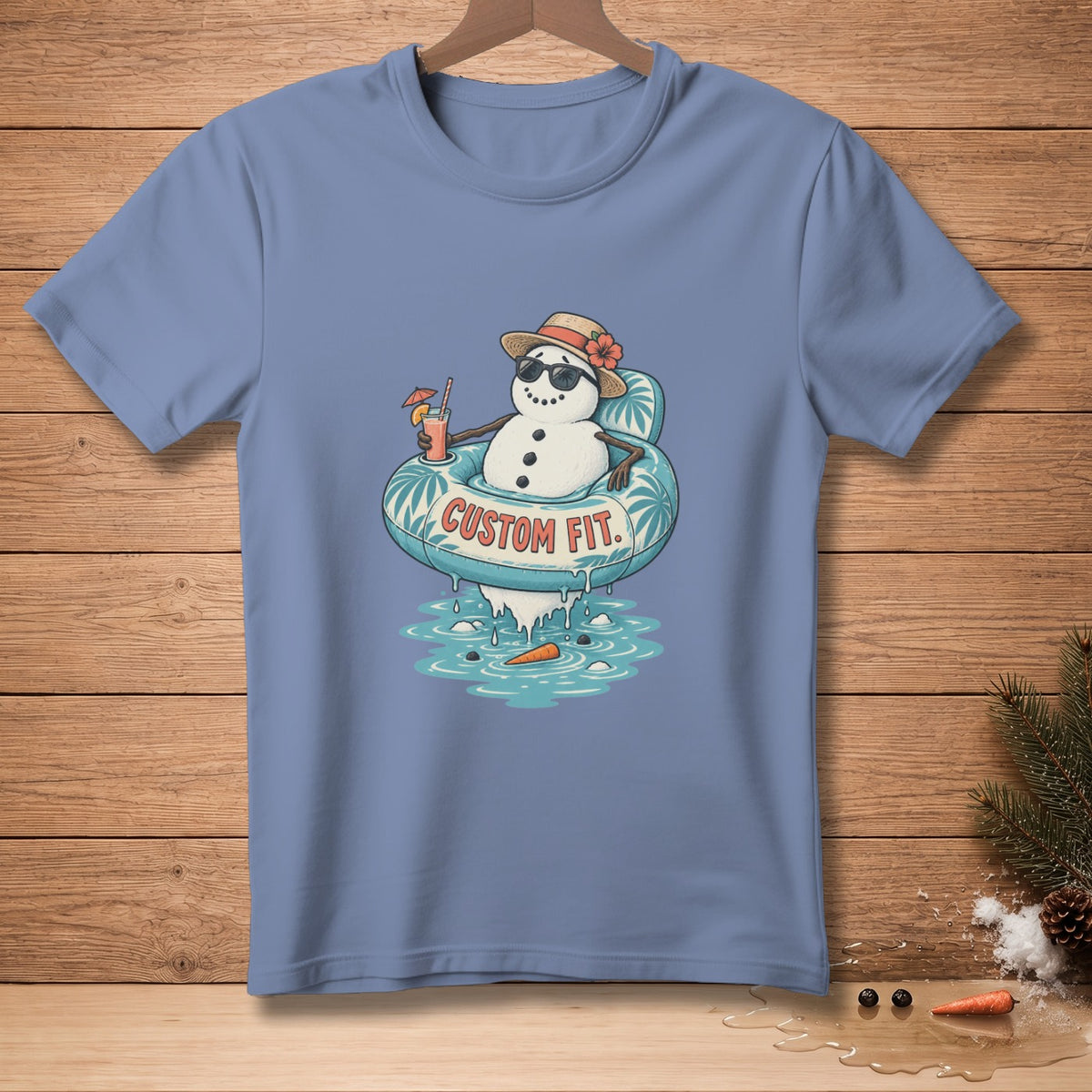Snowman wearing sunglasses and hat floats in inner tube with text "CUSTOM FIT."