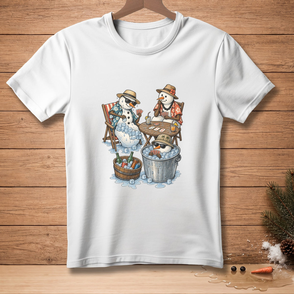 Three snowmen playing poker and drinking near ice buckets.