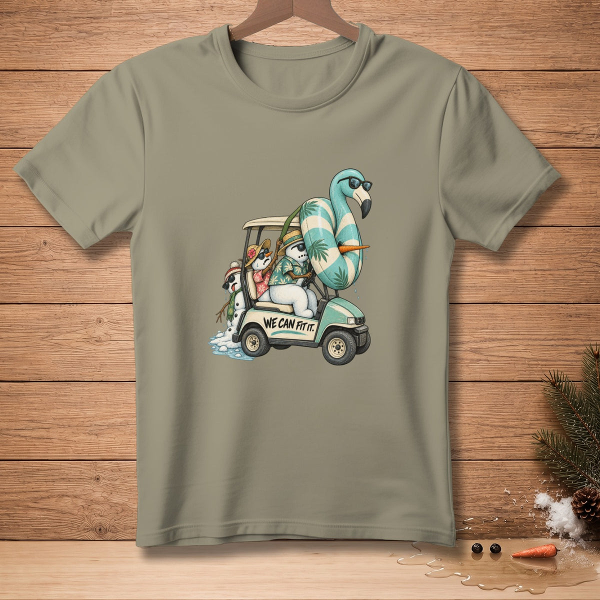 Snowmen in a golf cart with a flamingo float and the text "WE CAN FIT IT."