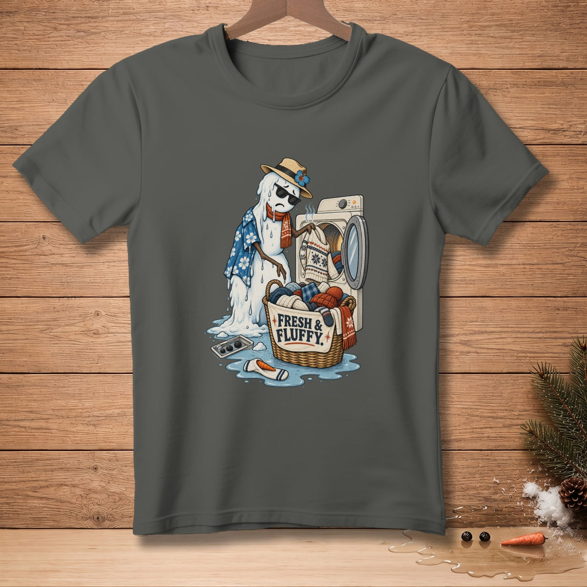 Melting snowman in a Hawaiian shirt and straw hat does laundry with basket labeled "Fresh & Fluffy".
