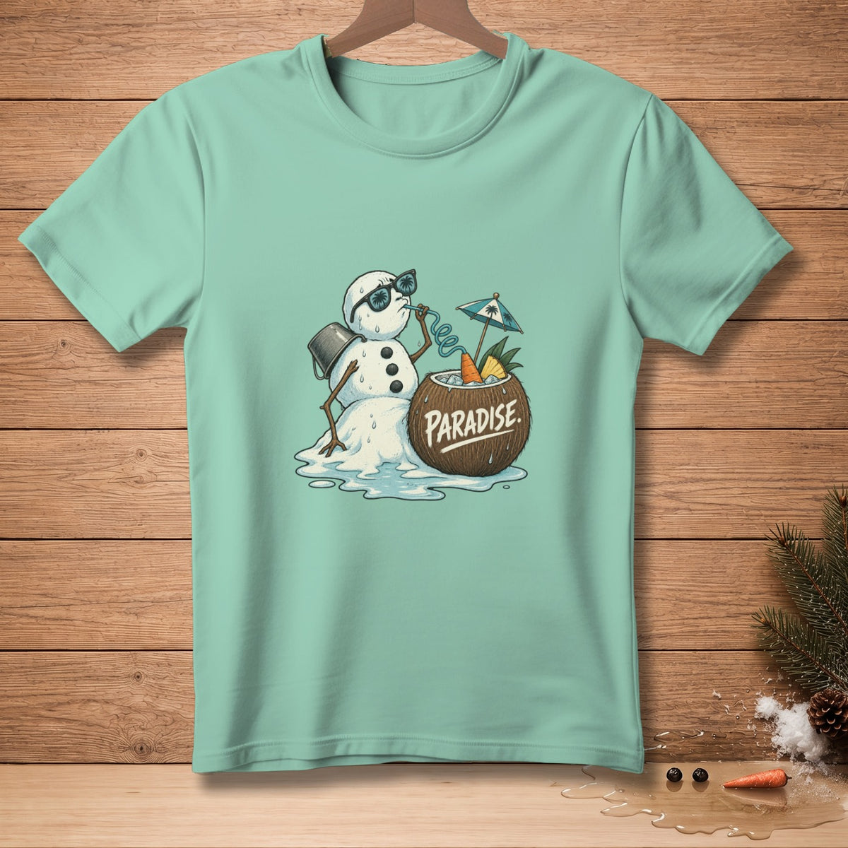 Melting snowman with sunglasses drinks from coconut with "PARADISE" text.