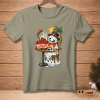 T-shirt with illustration of a melting snowman eating spicy chicken wings.