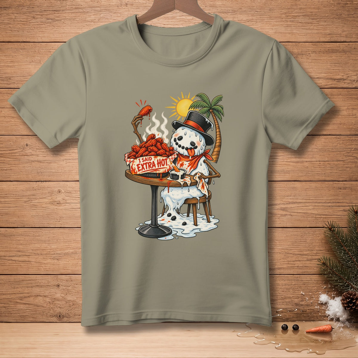 T-shirt with illustration of a melting snowman eating spicy chicken wings.