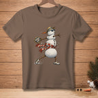 Brown t-shirt with cartoon snowman wearing a hat, sunglasses, and scarf.
