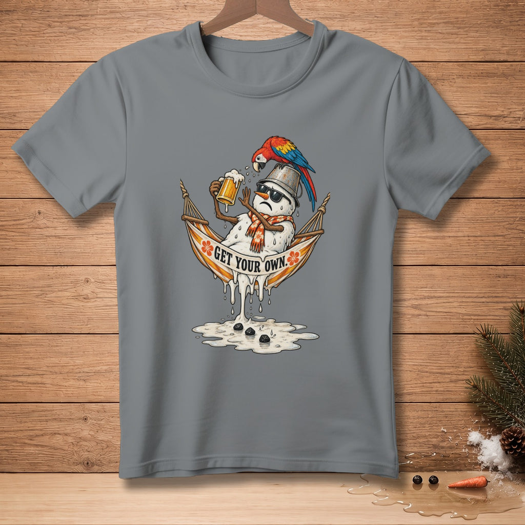 T-shirt with melting snowman in hammock, holding beer, with text "GET YOUR OWN".