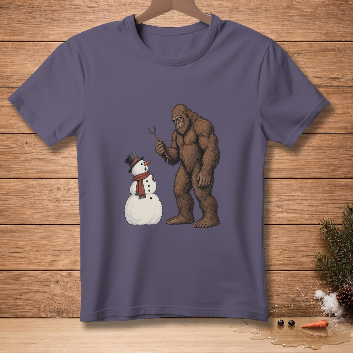 Bigfoot holding a stick interacts with a snowman wearing a top hat and scarf.