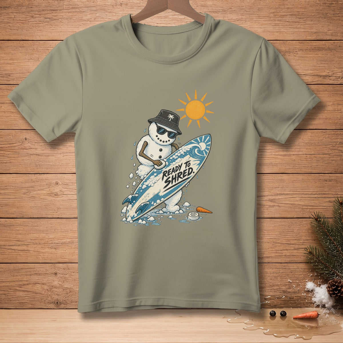 Snowman with sunglasses and bucket hat holding surfboard, reads "READY TO SHRED".