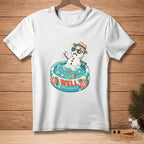 White t-shirt with cartoon snowman in inflatable pool saying "Well".
