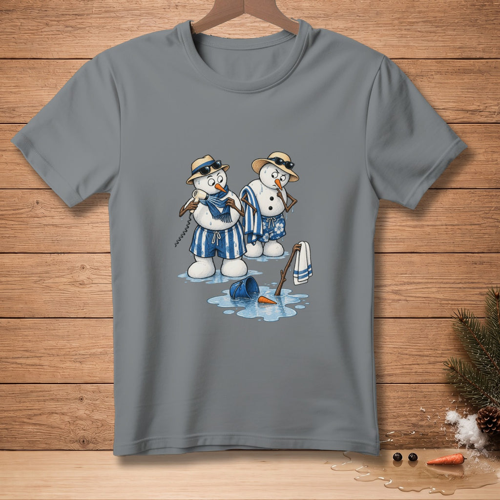 Two melting snowmen in swim trunks wearing sunglasses and hats, one on the phone.