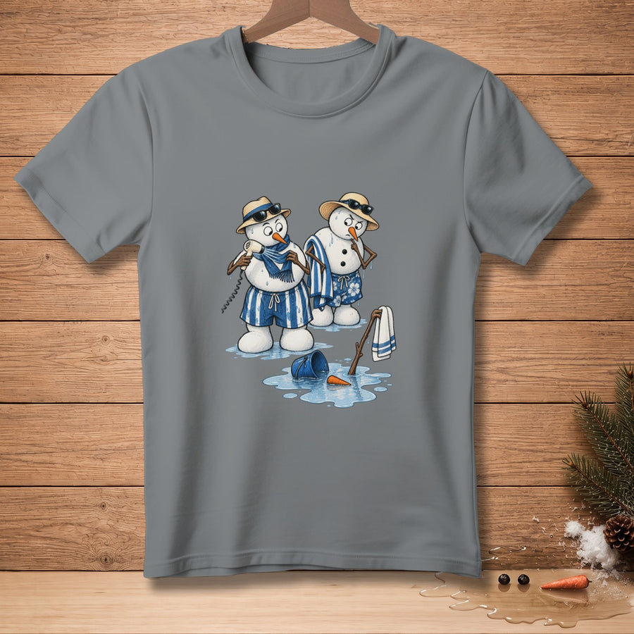 Two melting snowmen in swim trunks wearing sunglasses and hats, one on the phone.