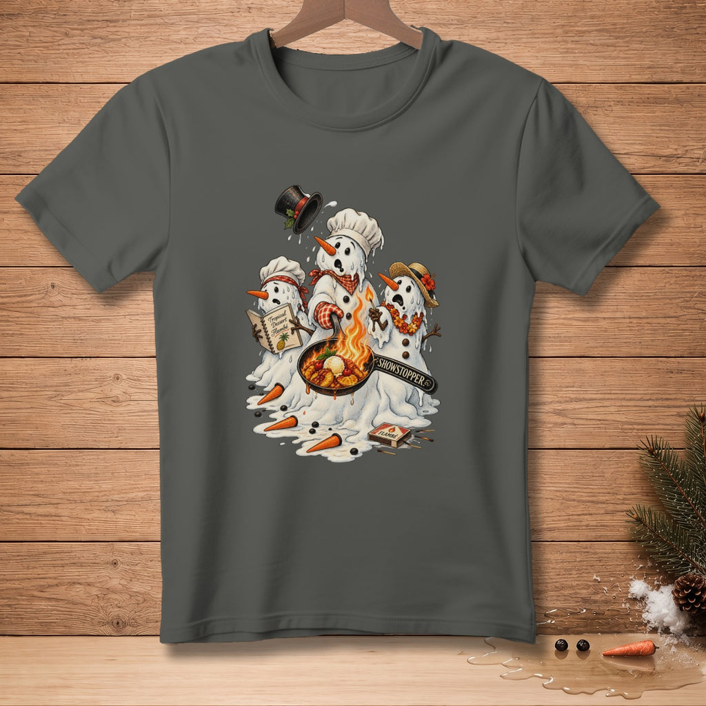 Melting snowmen cooking a flambéed dish with "Showstopper" text on spoon.
