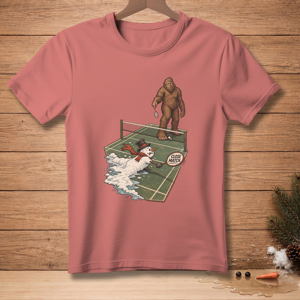 Bigfoot plays tennis against a melting snowman on a court with "Close Match" text.
