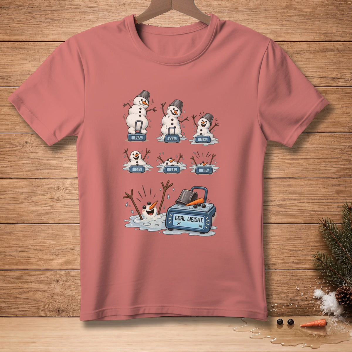 Snowmen melting on scales, showing decreasing weights, with one reaching goal weight.