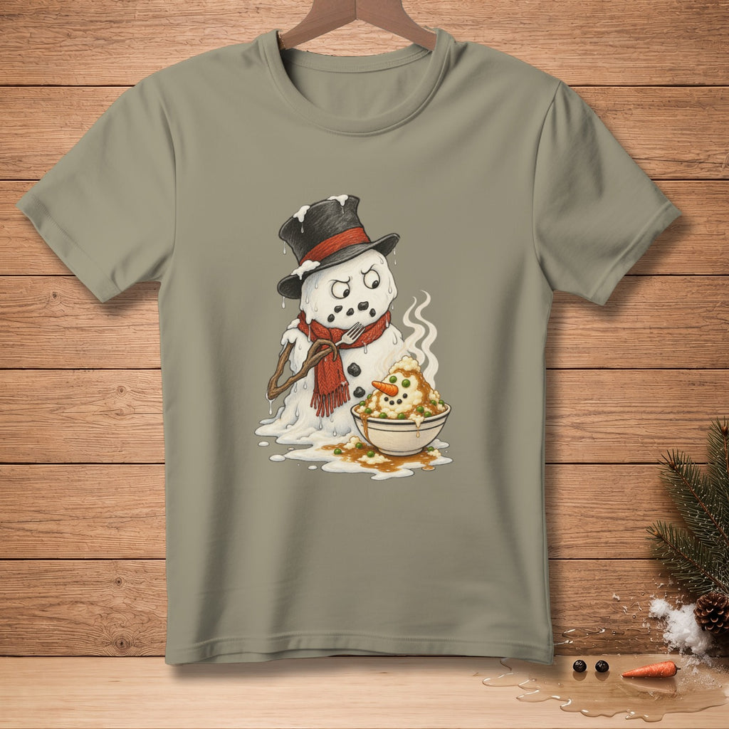 Melting snowman with scarf and hat eating mashed potatoes from bowl.