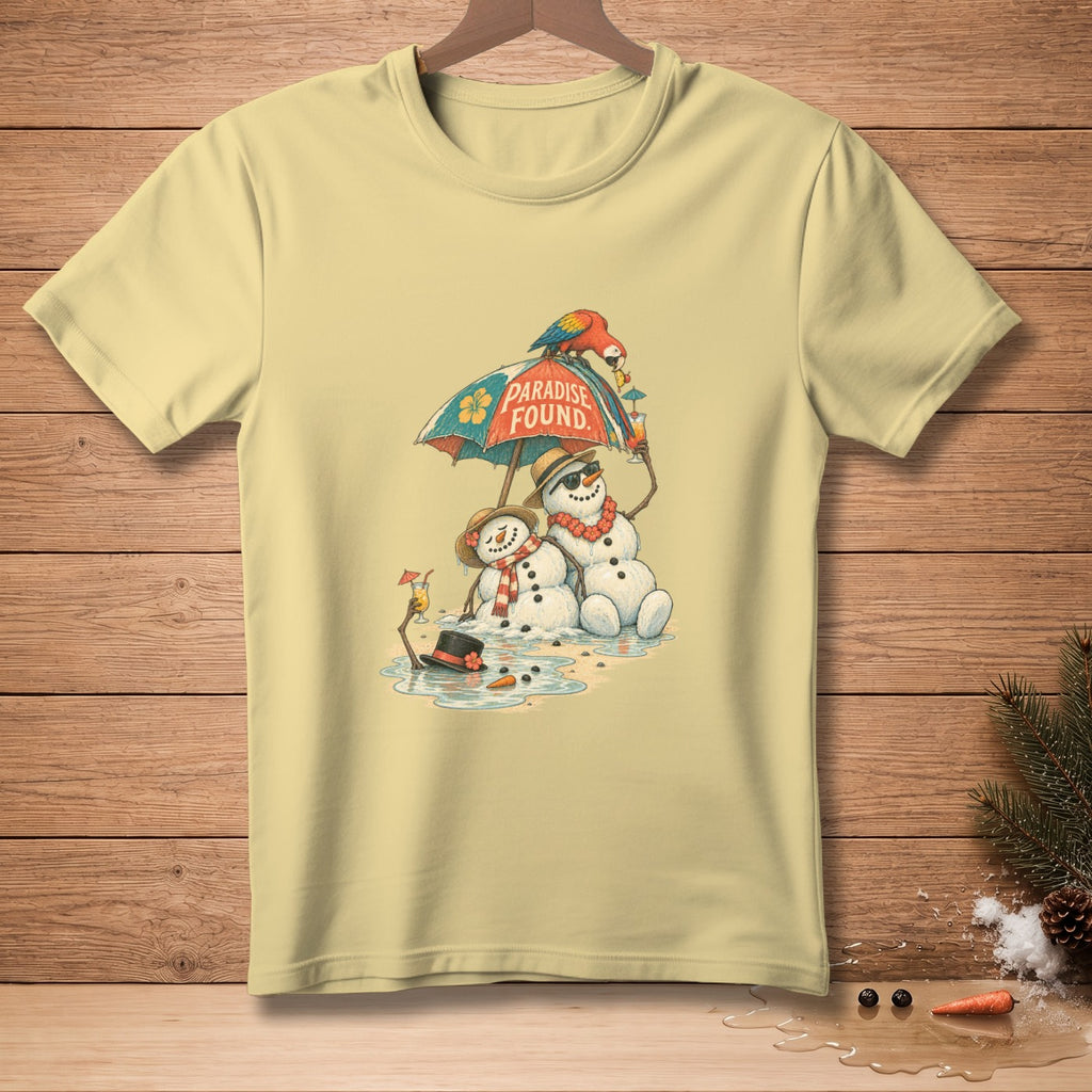 Two snowmen with tropical drinks under an umbrella that says "Paradise Found."