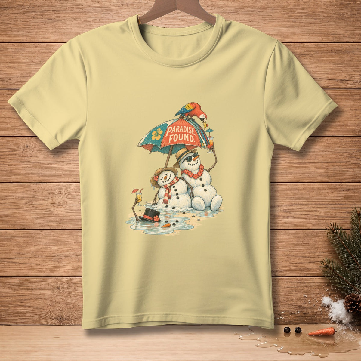 Two snowmen with tropical drinks under an umbrella that says "Paradise Found."