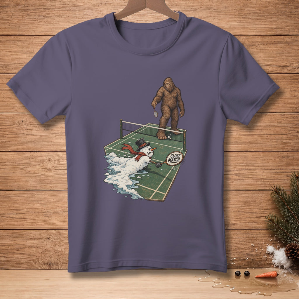 Bigfoot plays ping pong against a melting snowman on a court.