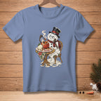 Melting snowman with a grumpy face eating from a bowl of stew.