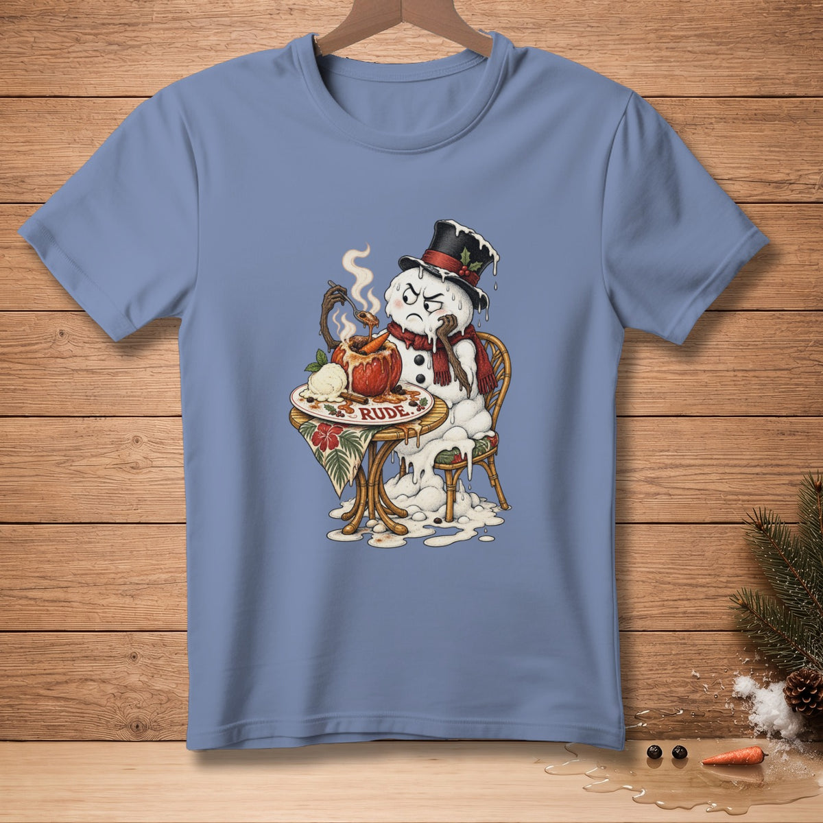 Melting snowman with a grumpy face eating from a bowl of stew.