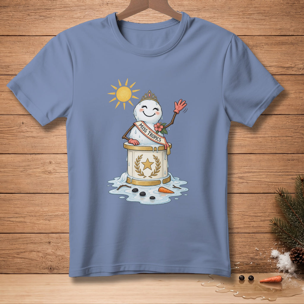 Snowman wearing "Miss Tropics" sash and crown, melting under the sun.