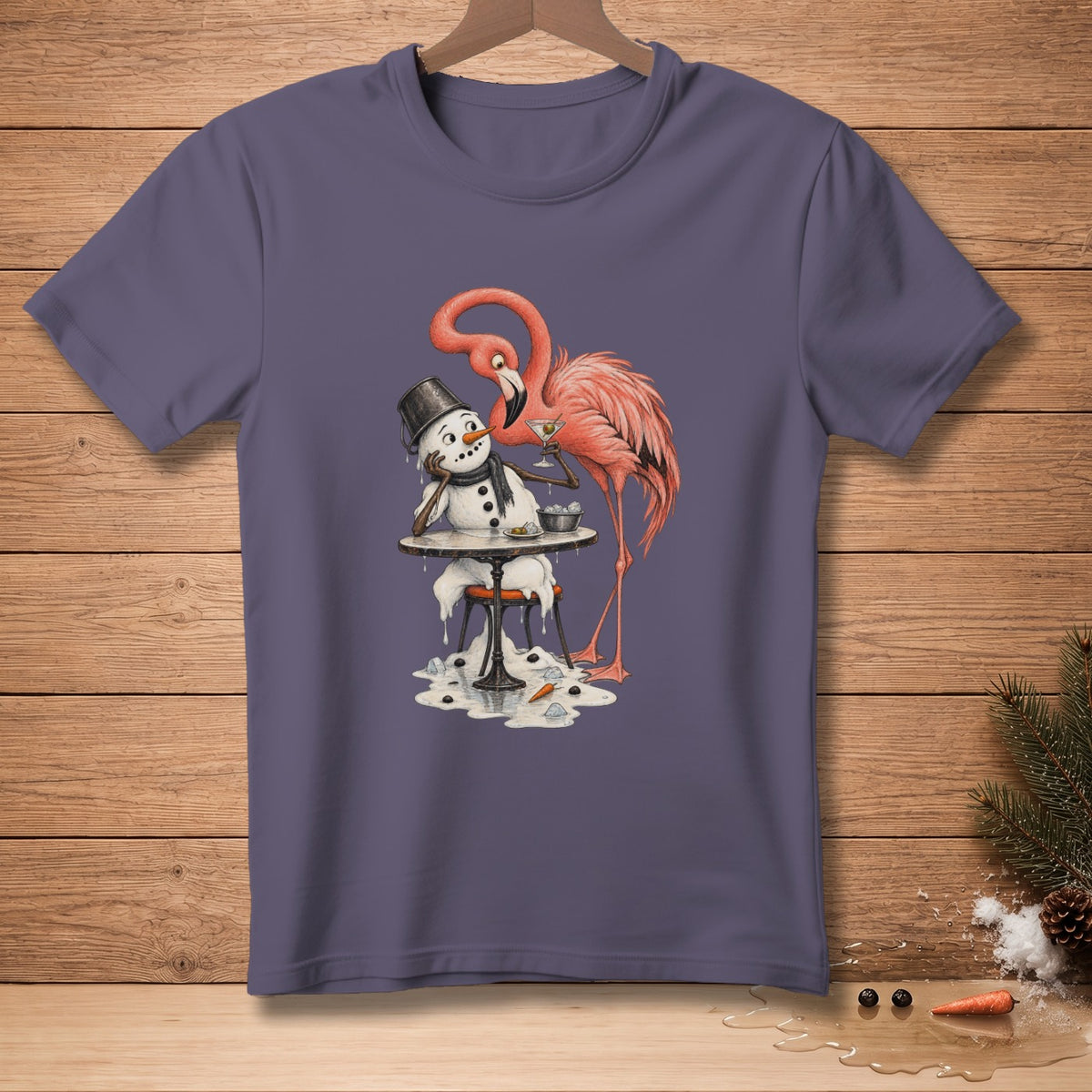 Flamingo offers a melting snowman a drink at a table.