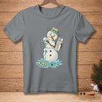 Melting snowman in hat holding paper with "Wait 10 seconds" and beach scene.
