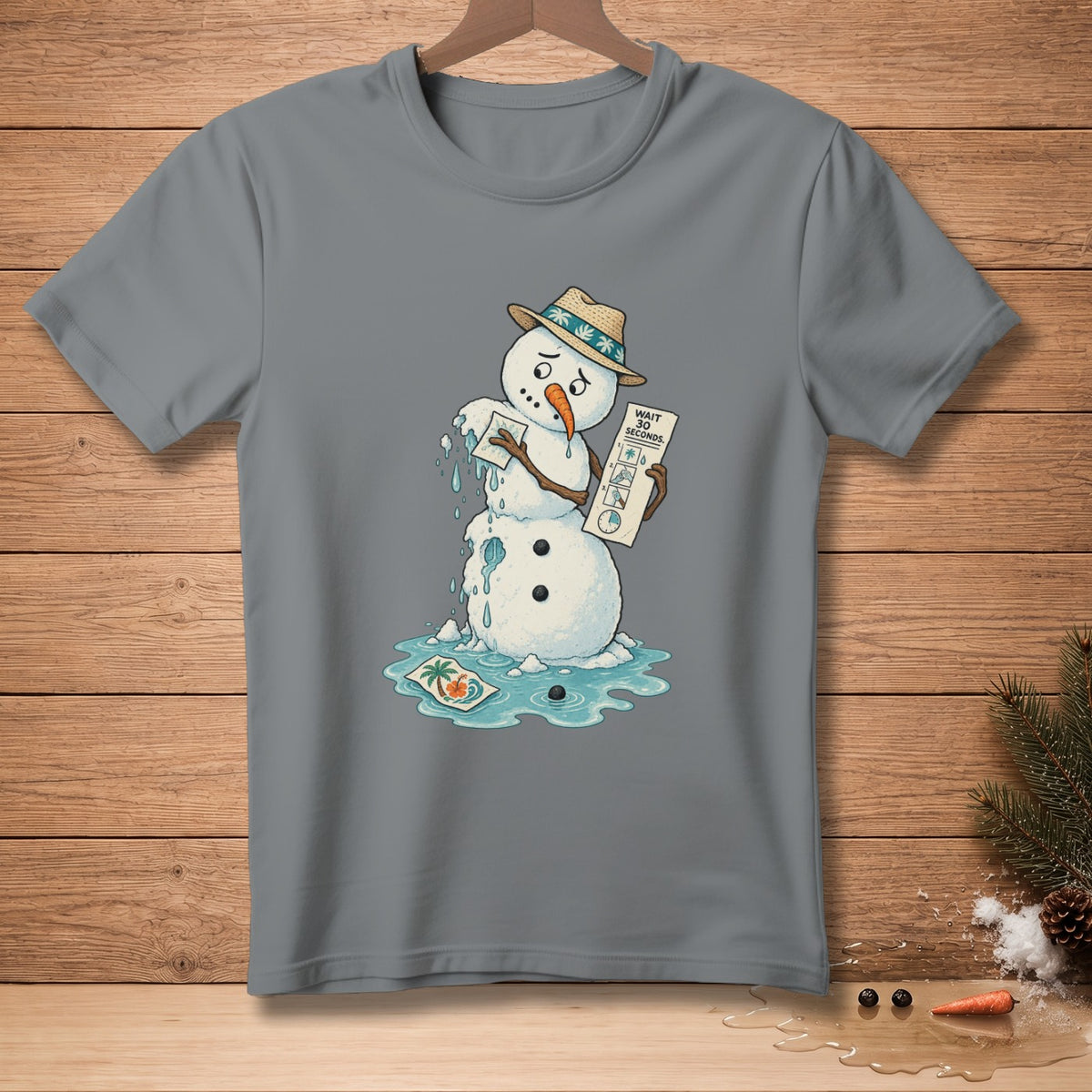 Melting snowman in hat holding paper with "Wait 10 seconds" and beach scene.