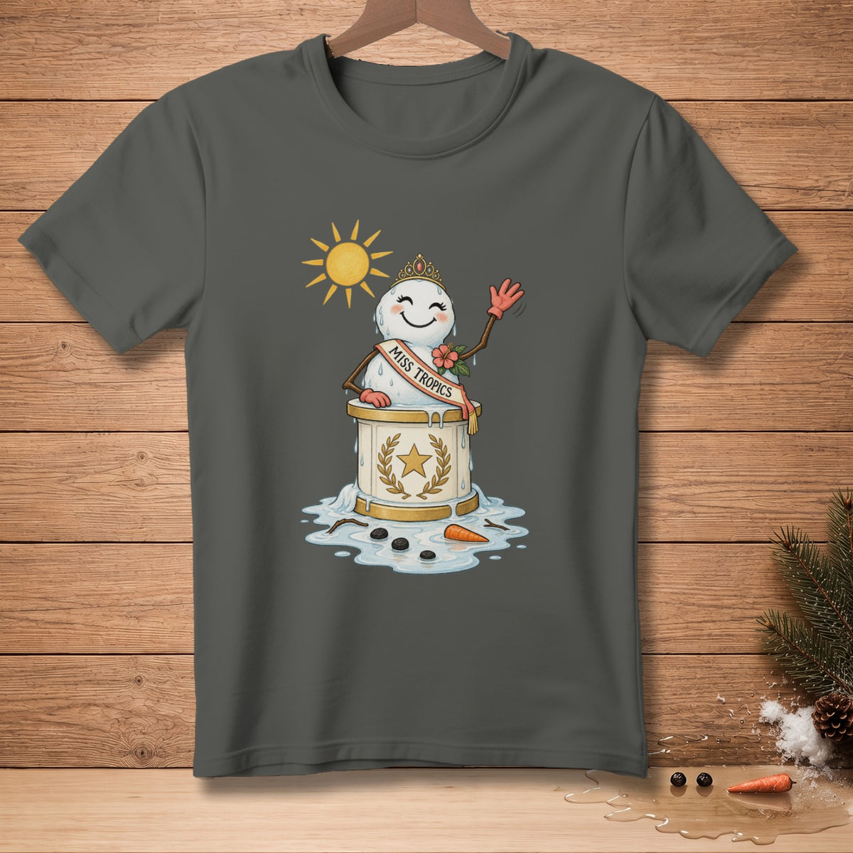 T-shirt with melting snowman beauty queen wearing "Miss Tropics" sash and crown.