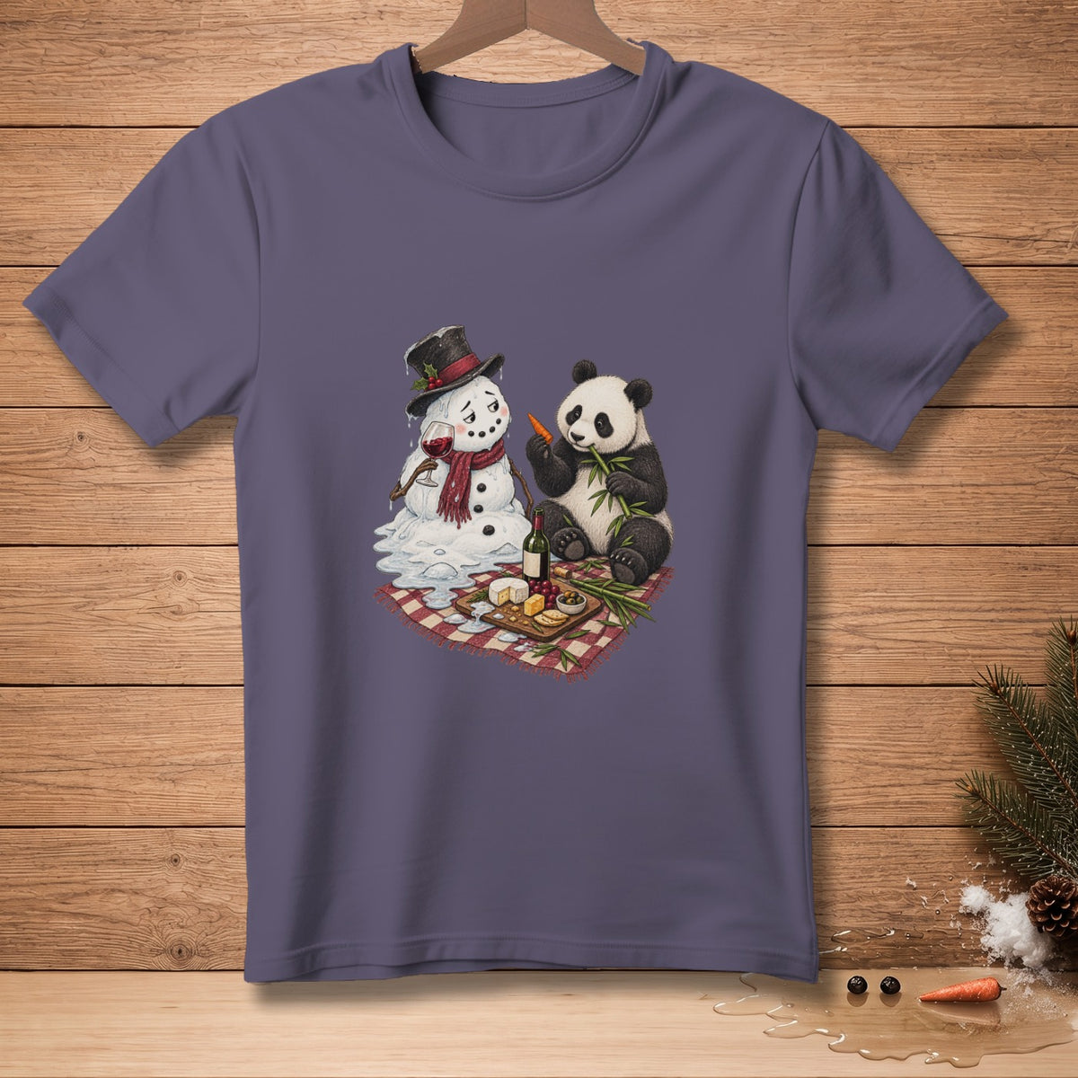 Snowman and panda having a picnic with cheese, wine, and carrots.