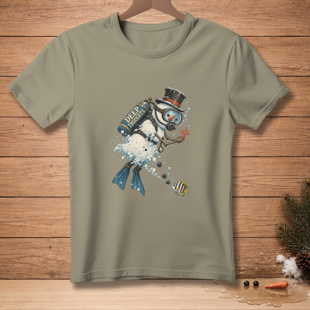 Snowman diver with "Deep Thoughts" oxygen tank and a fish, on a tan t-shirt.