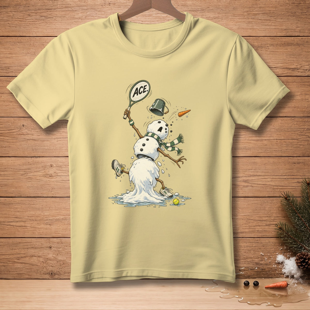 Melting snowman playing tennis with "ACE." on racket, wearing scarf and sneakers.