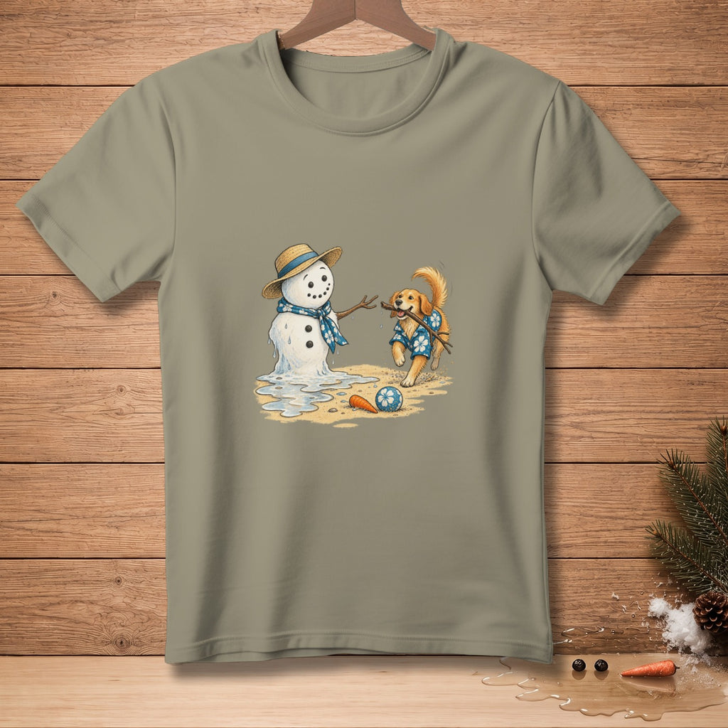 Golden retriever dog plays with a melting snowman on a beach.