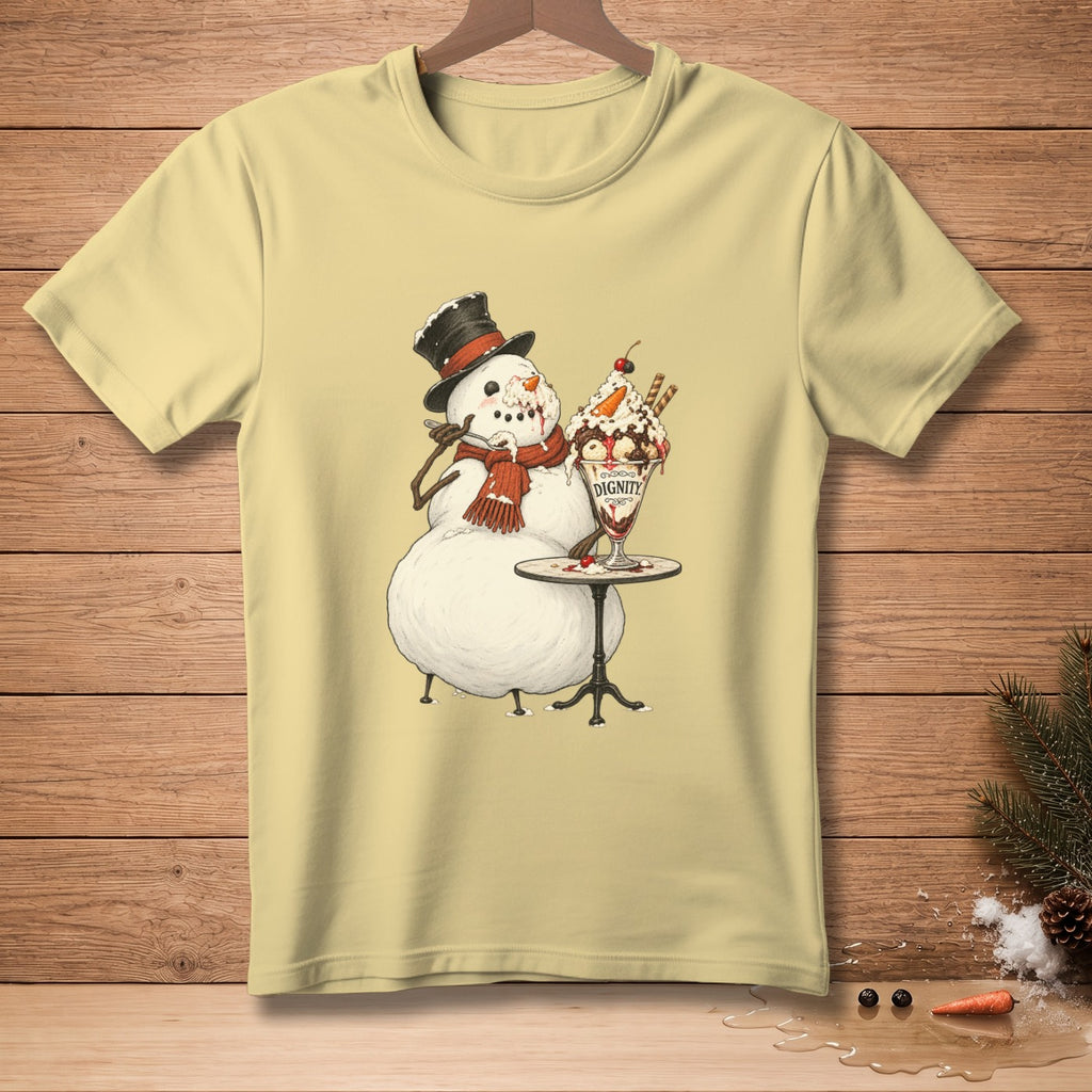 Snowman wearing a top hat and scarf eating an ice cream sundae with "DIGNITY" text.