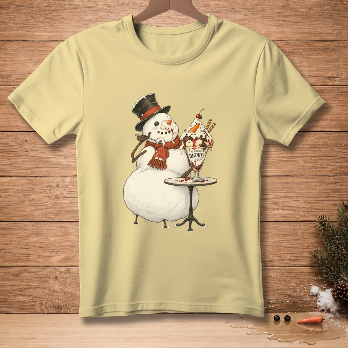 Snowman wearing a top hat and scarf eating an ice cream sundae with "DIGNITY" text.