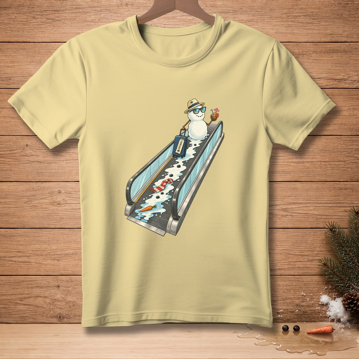 Snowman with sunglasses and hat rides escalator with luggage and drink.
